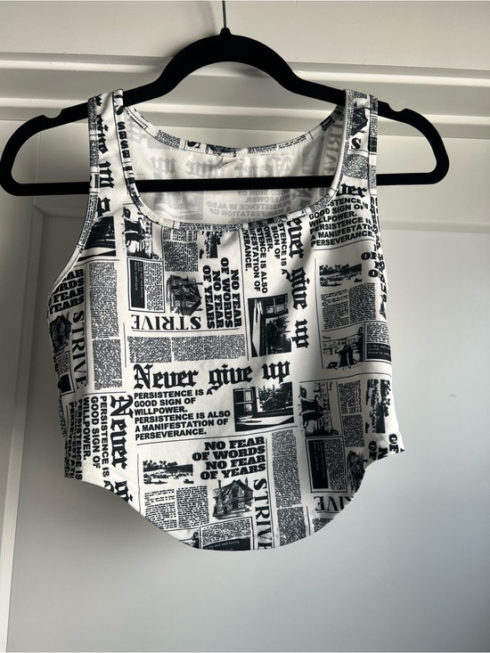 Tops - Black & White Newspaper Print Crop Tank Top